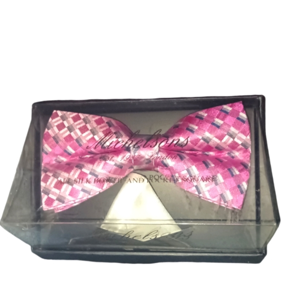 100% Silk Pink Multi-Colored NWT Michelson's Bow Tie w/Pocket Square